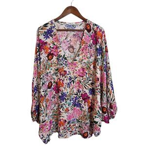 🔴Lovely J Women's Blouse Balloons Sleeves Floral Deep V neck Multicolor Medium‎
